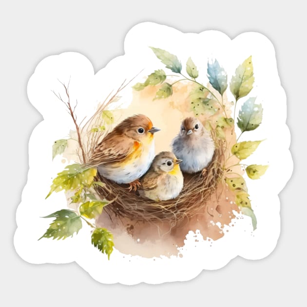 Birds on the nest watercolor Sticker by KAWAIIBYHM